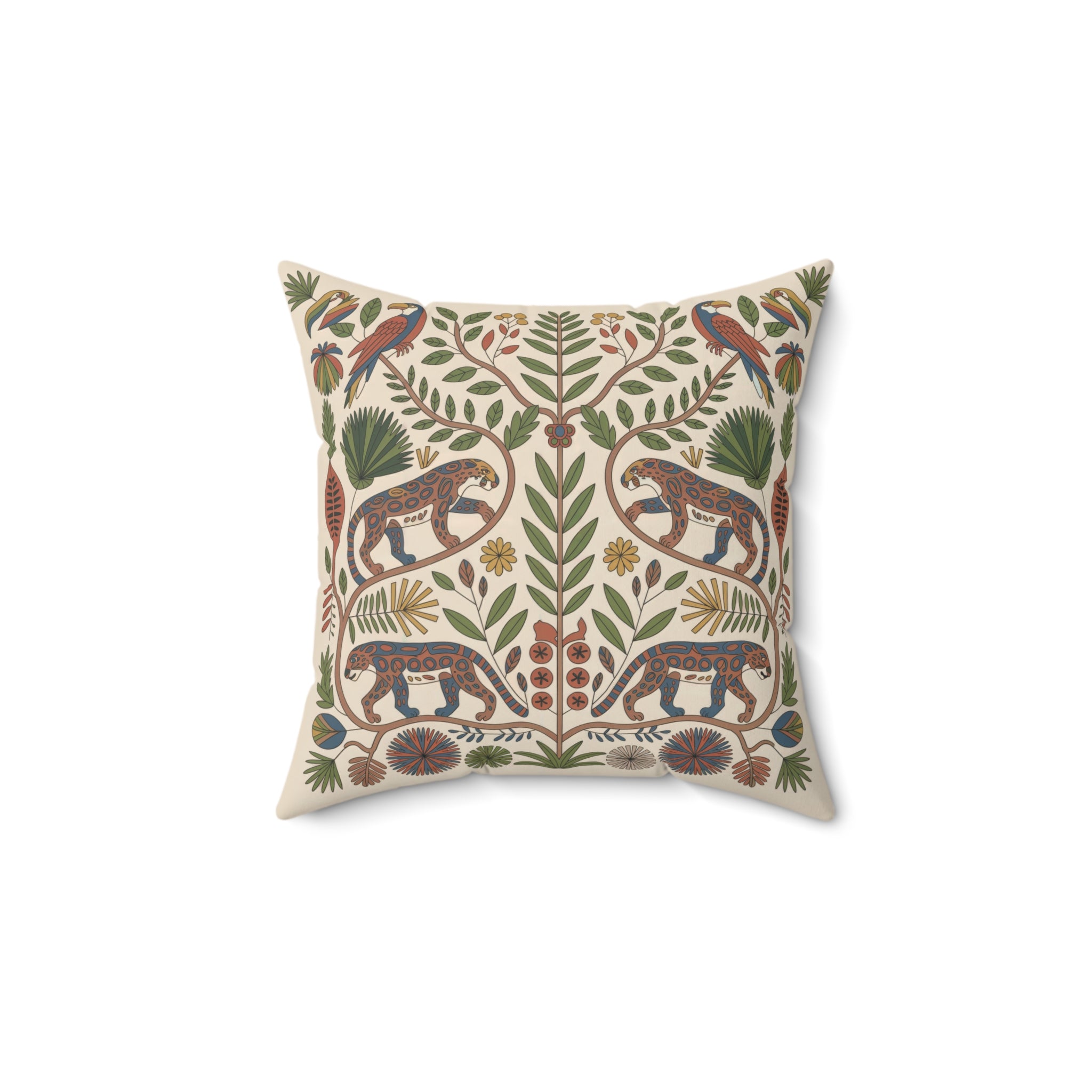 Jaguar and Tropical Bird Folk Art Throw Pillow with Botanical Design