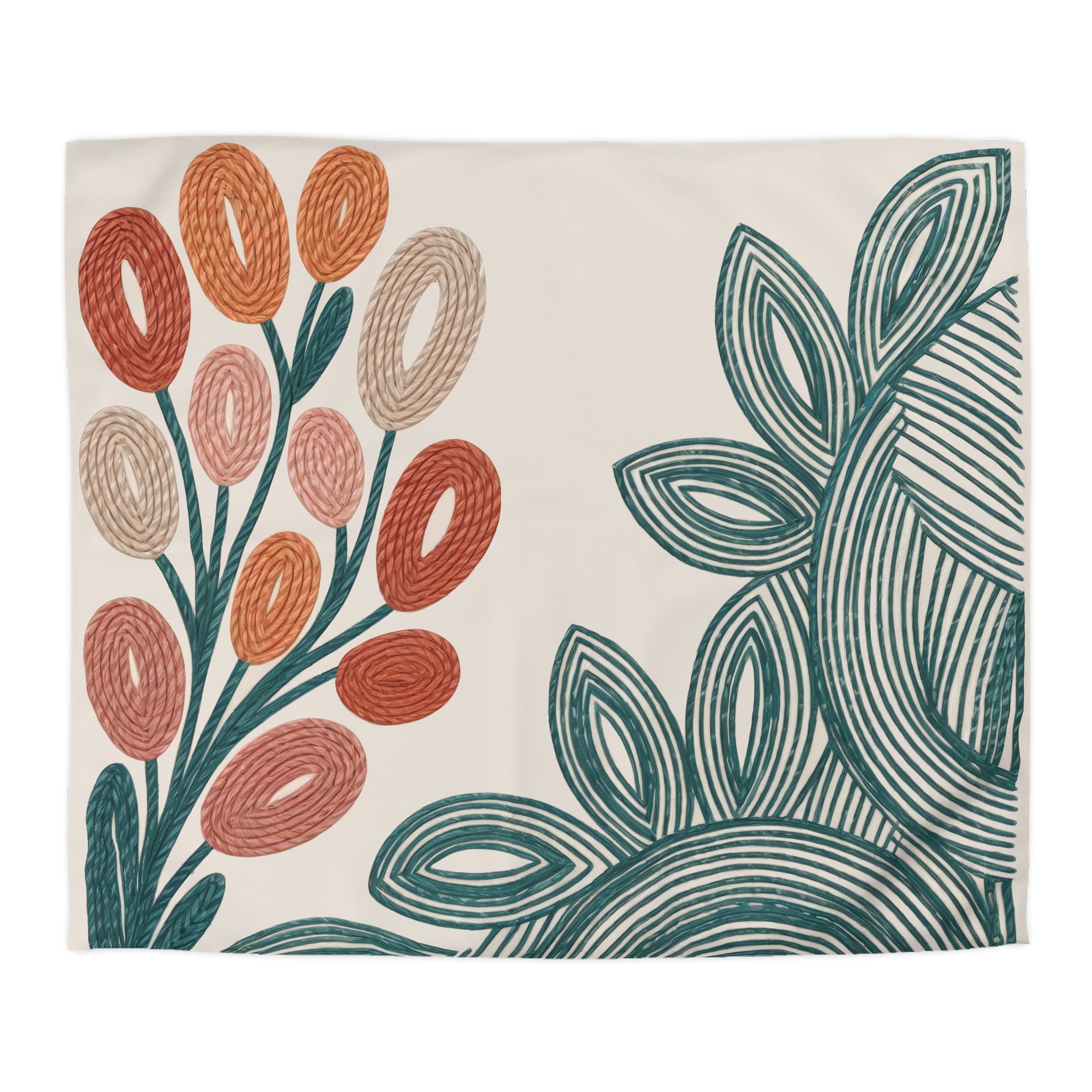 Modern Folk Botanical Duvet Cover | Boho | Mid-Century Floral, Terracotta Teal