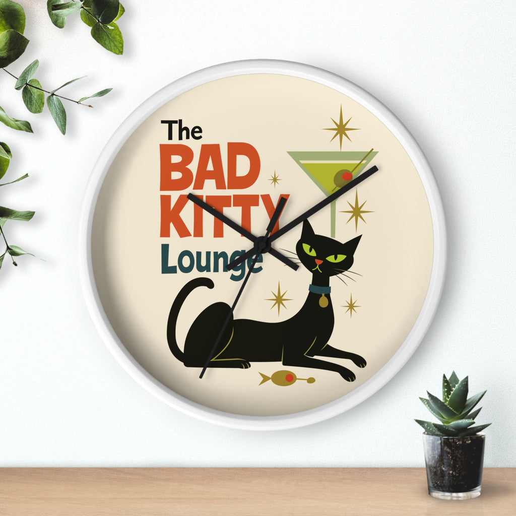 Bad Kitty Lounge Wall Clock | Mid Century Cat Martini Retro Kitchen Decor