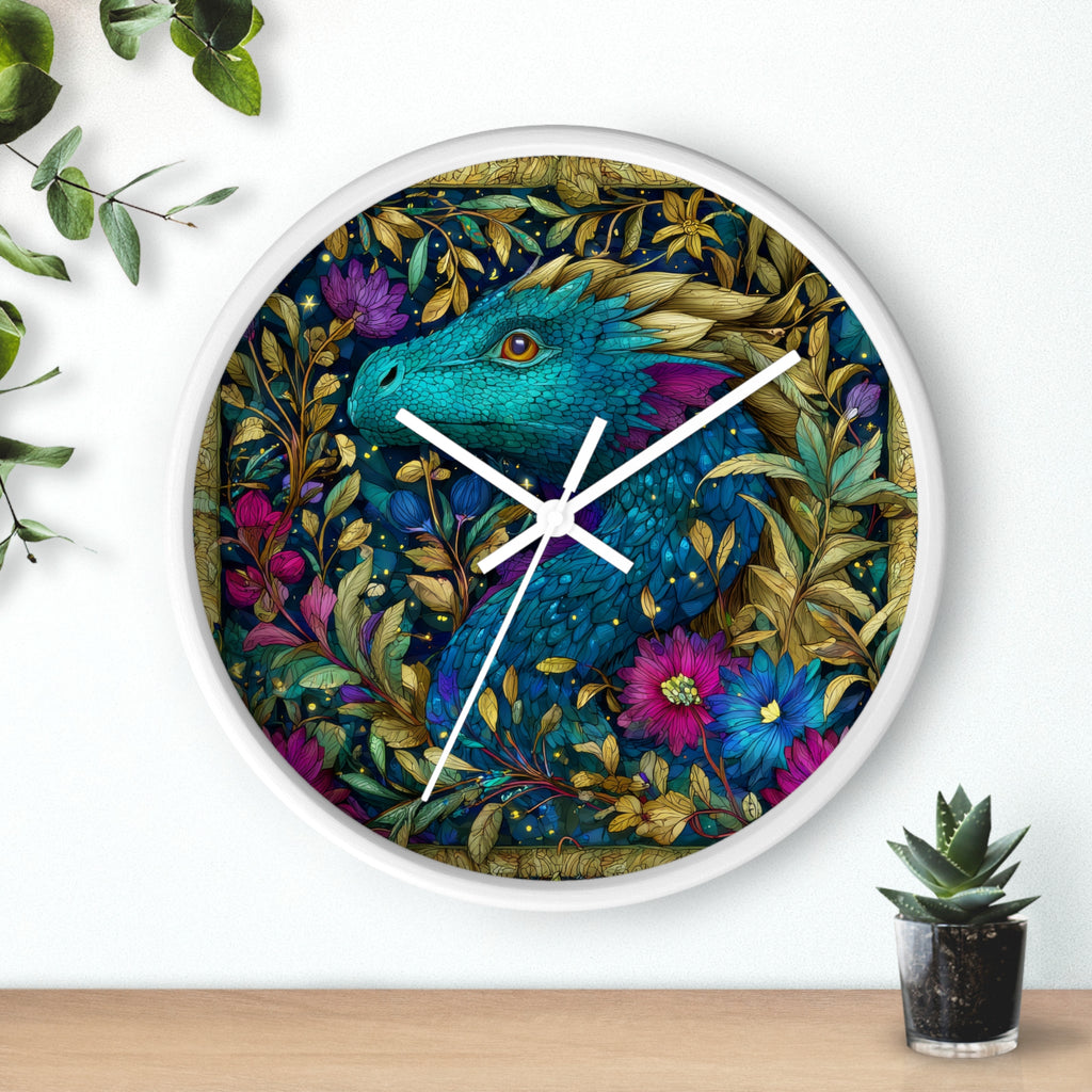Stained-Glass Dragon Night Garden Wall Clock | Ornate Jewel-Tone Botanical
