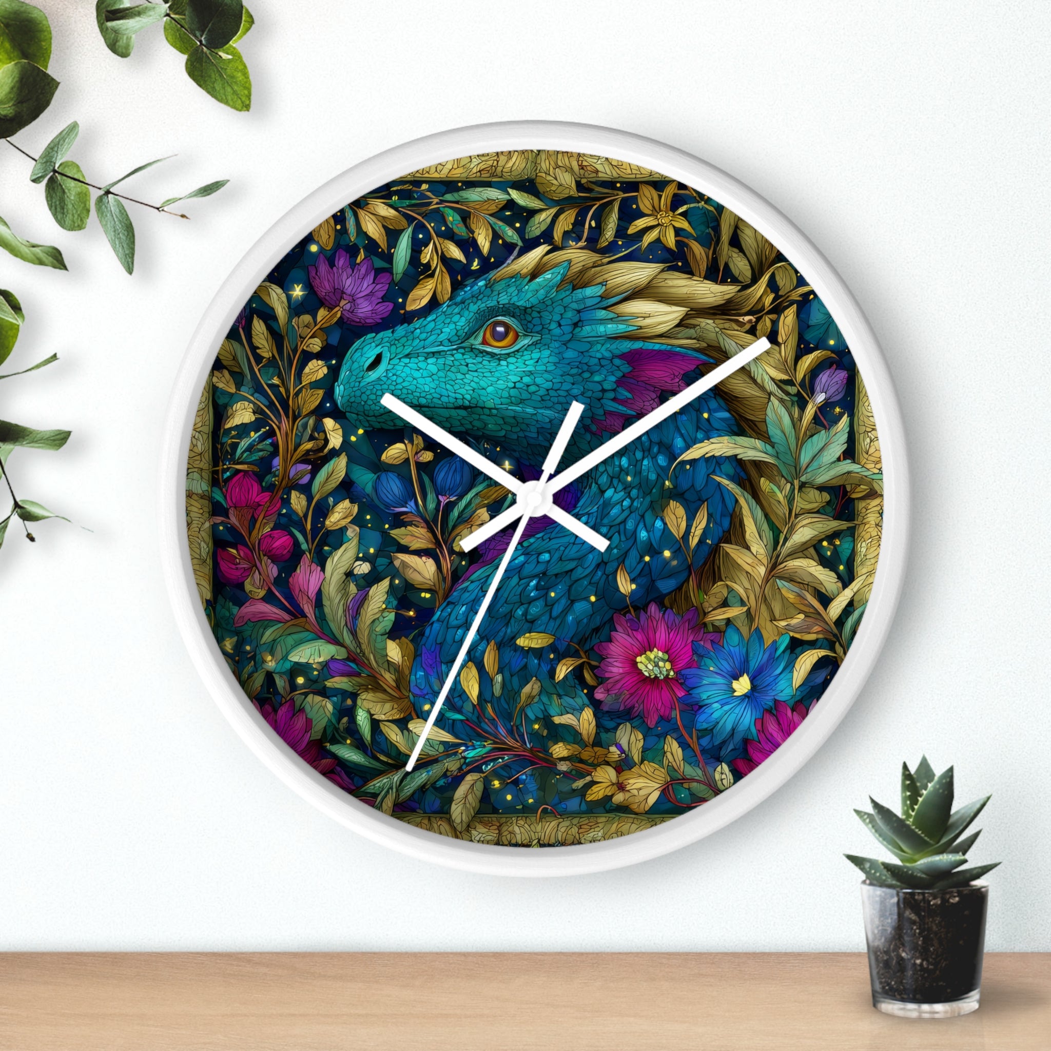 Stained-Glass Dragon Night Garden Wall Clock | Ornate Jewel-Tone Botanical