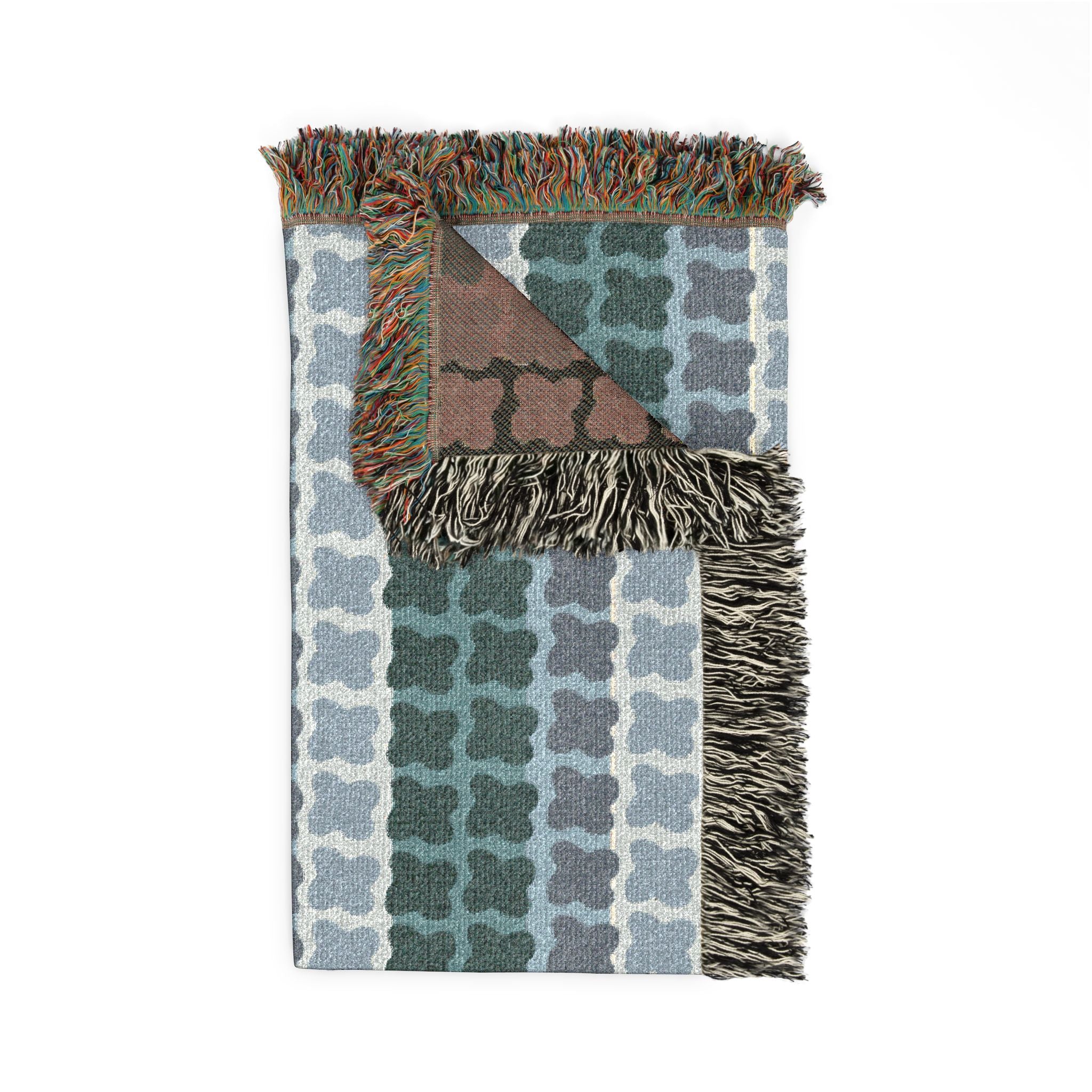 Mid Century Modern Cotton Throw Blanket | 1960s Inspired Geometric Pattern | Retro Green Sofa Throw with Fringe