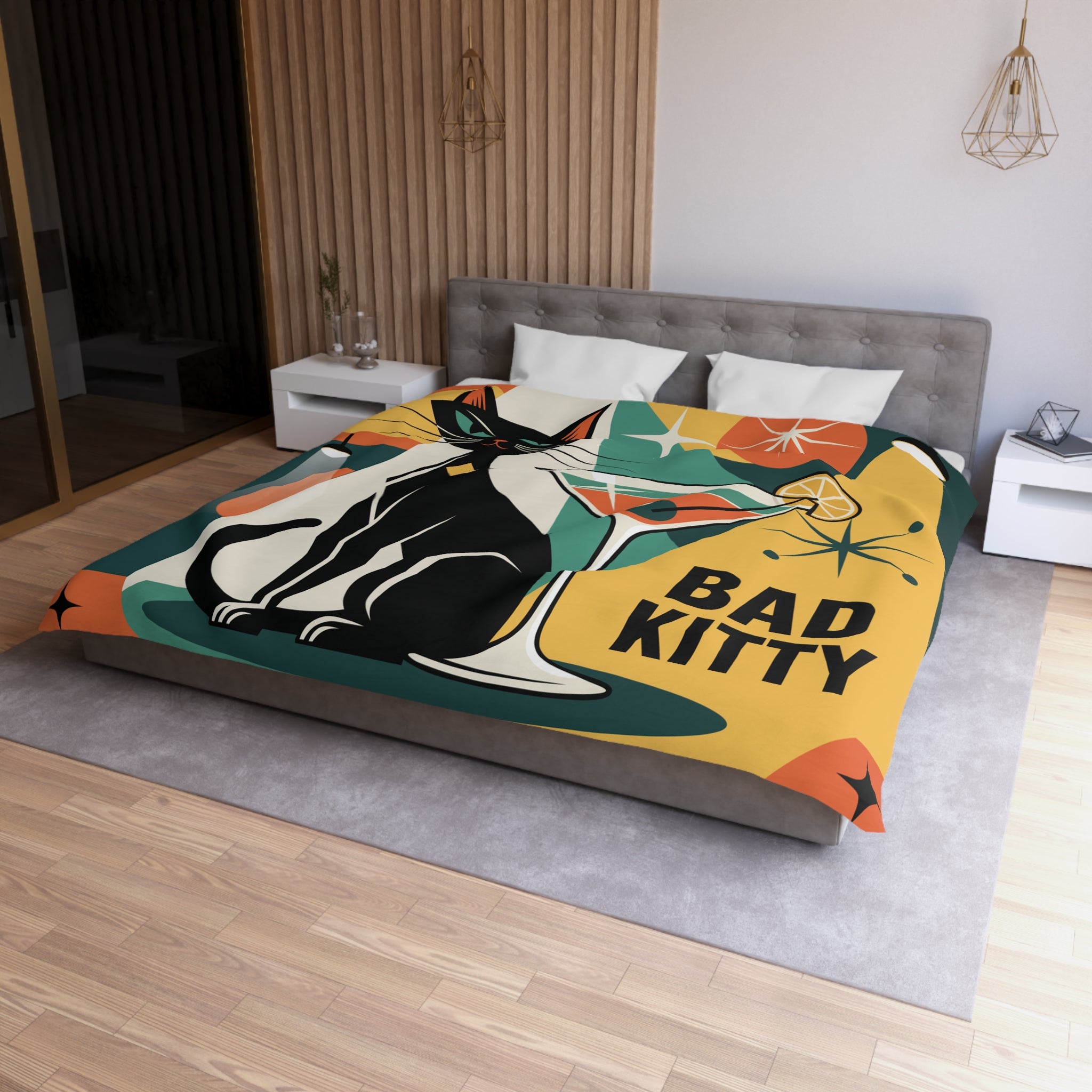 Atomic Black Cat Duvet Cover | Mid Century Modern Geometric 'Bad Kitty Lounge'