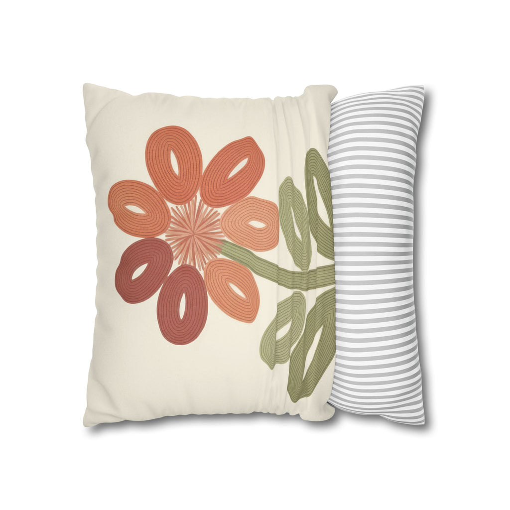 Terracotta Daisy Floral Pillowcase | Embroidery-Inspired Folk Art Throw Pillow Cover