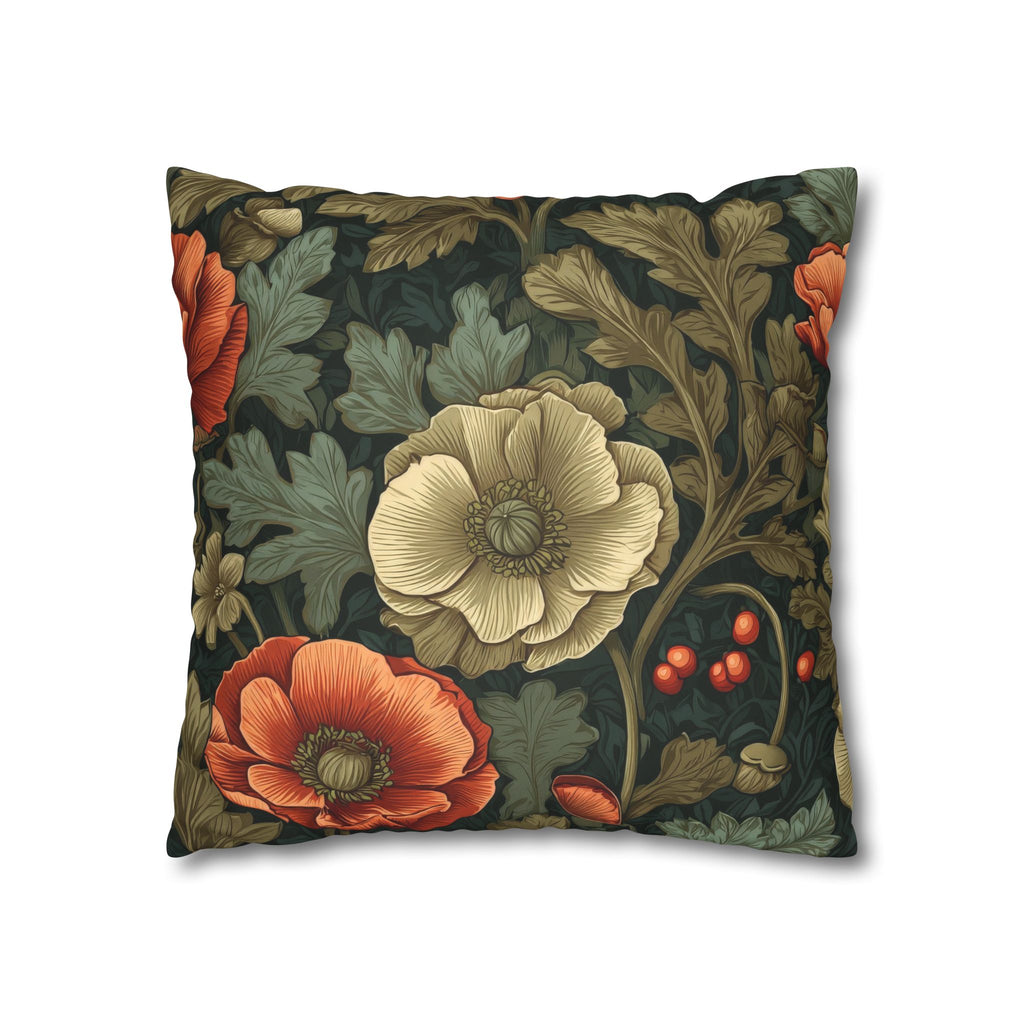 William Morris Inspired Poppy Garden Faux Suede Square Pillowcase