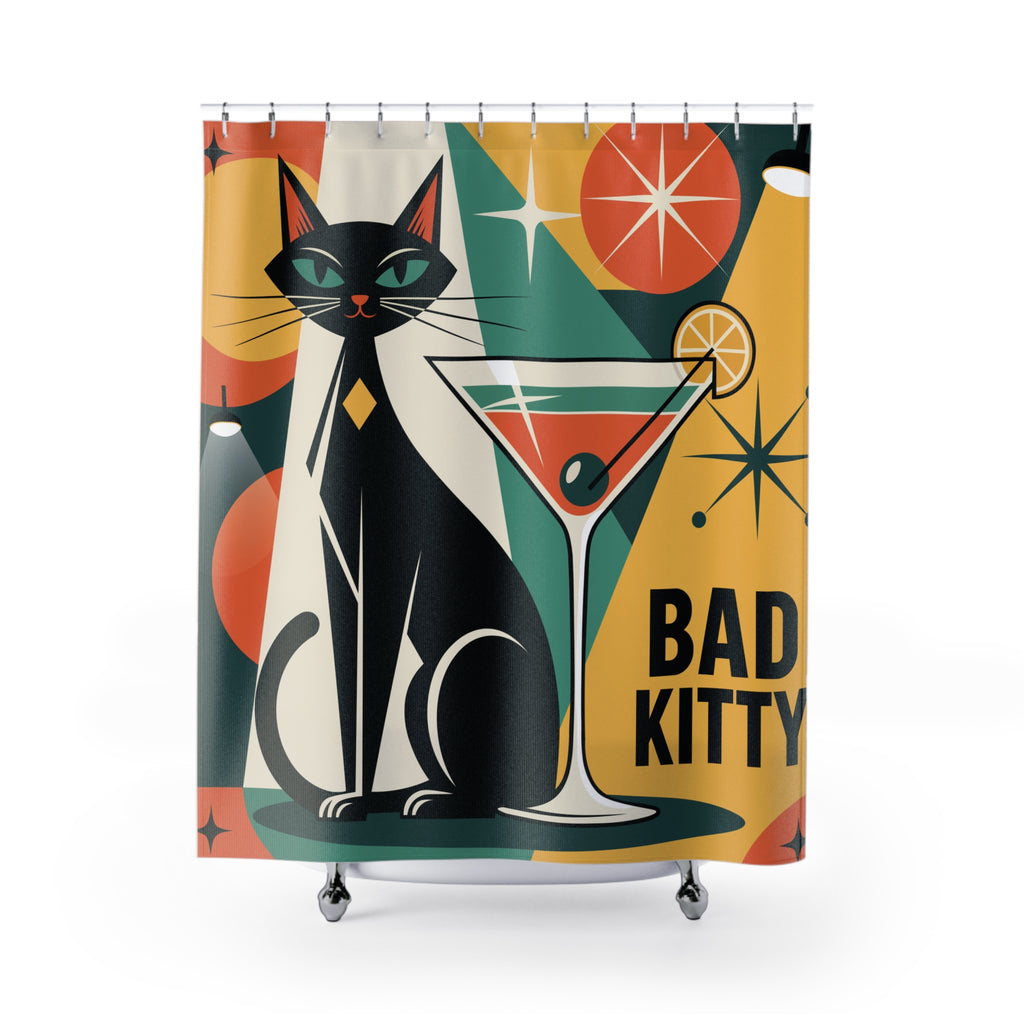Bad Kitty Mod Black Cat Shower Curtain | Geometric Retro Cocktail Glam