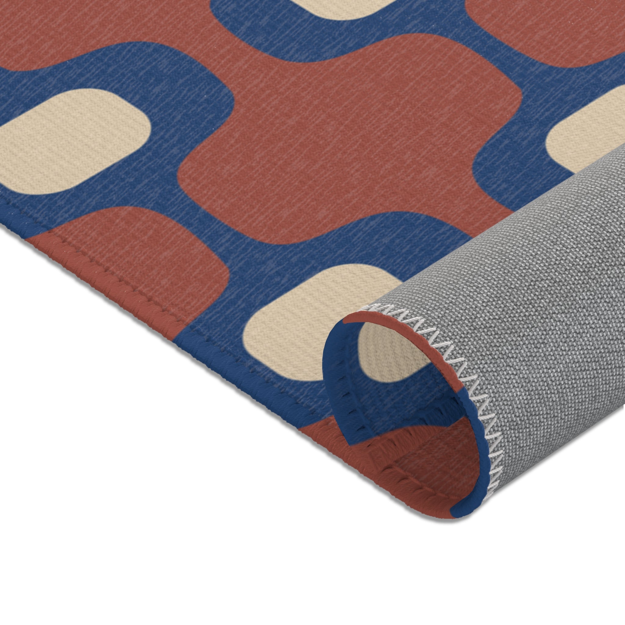 Mid-Century Geometric Area Rug | Retro Hourglass Pattern in Blue Terracotta Cream