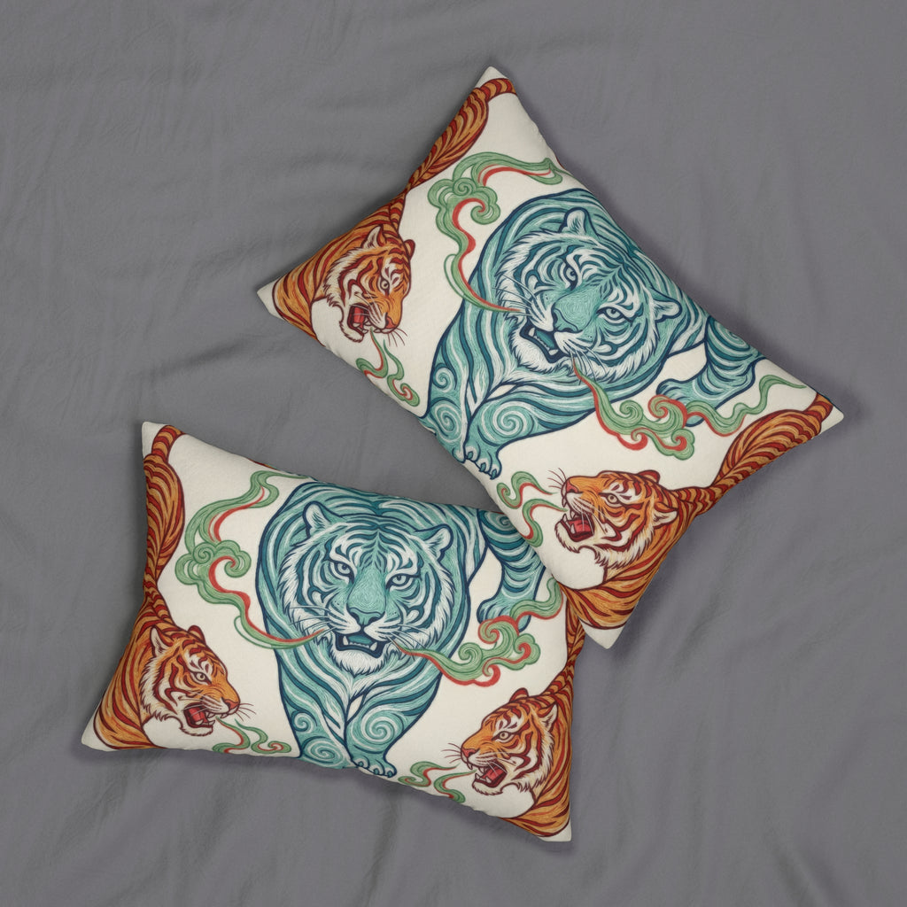 Teal Amber Chinoiserie Tiger Lumbar Pillow
