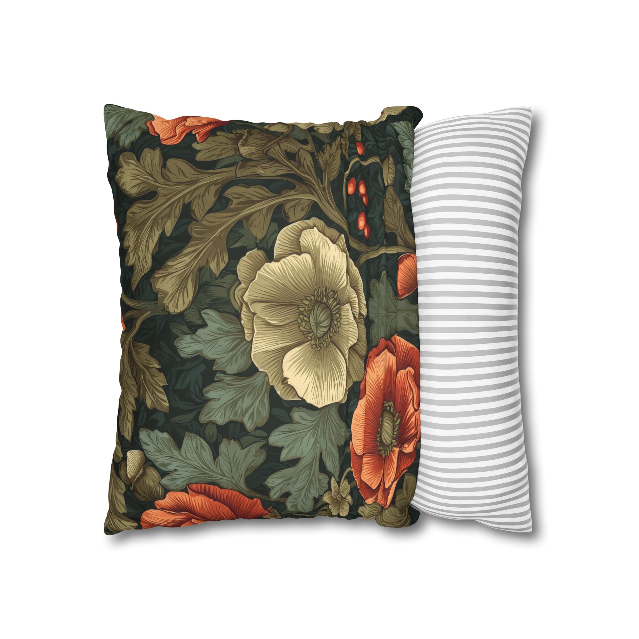 William Morris Inspired Poppy Garden Faux Suede Square Pillowcase