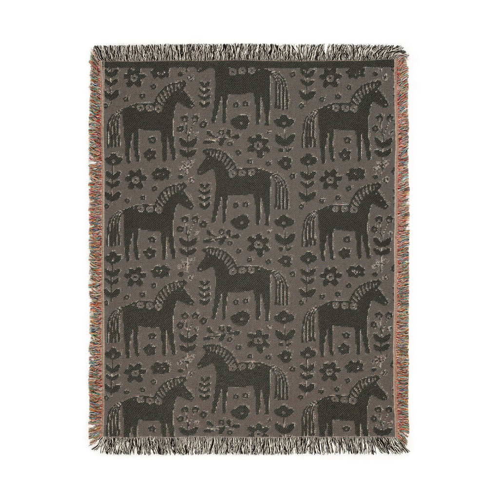 Scandinavian Dala Horse Woven Throw Blanket  | Nordic Folk Art Throw