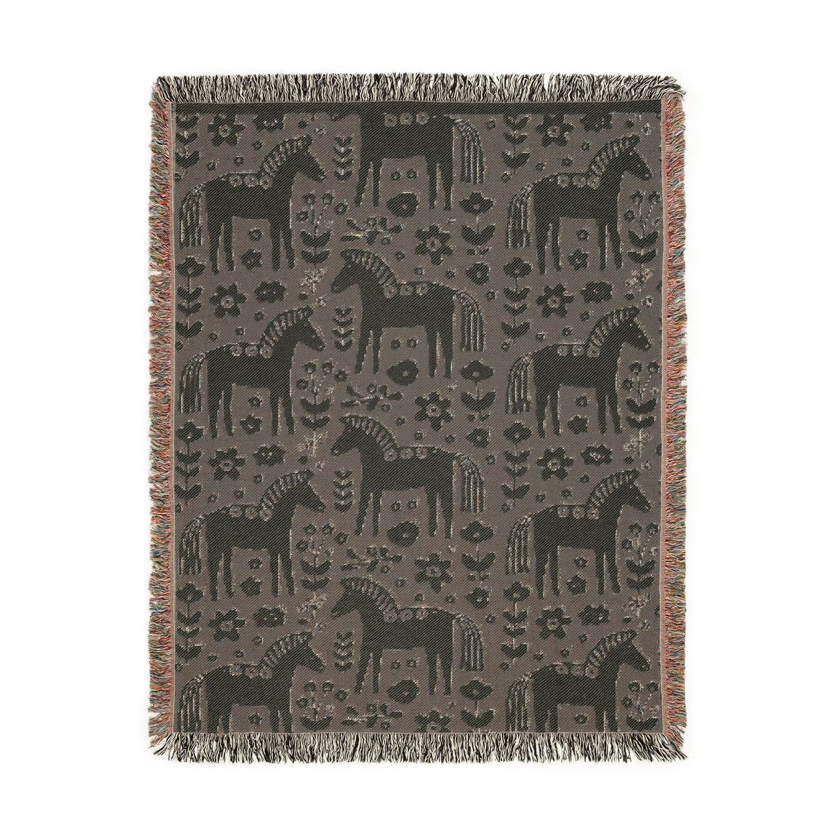 Scandinavian Dala Horse Woven Throw Blanket  | Nordic Folk Art Throw