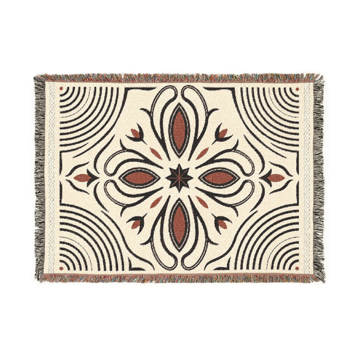 Boho Floral Medallion Woven Blanket | Southwestern Tile Pattern, Fringe Throw