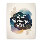 Rest Recharge Rise motivational botanical canvas, front view in 8 × 10 inches