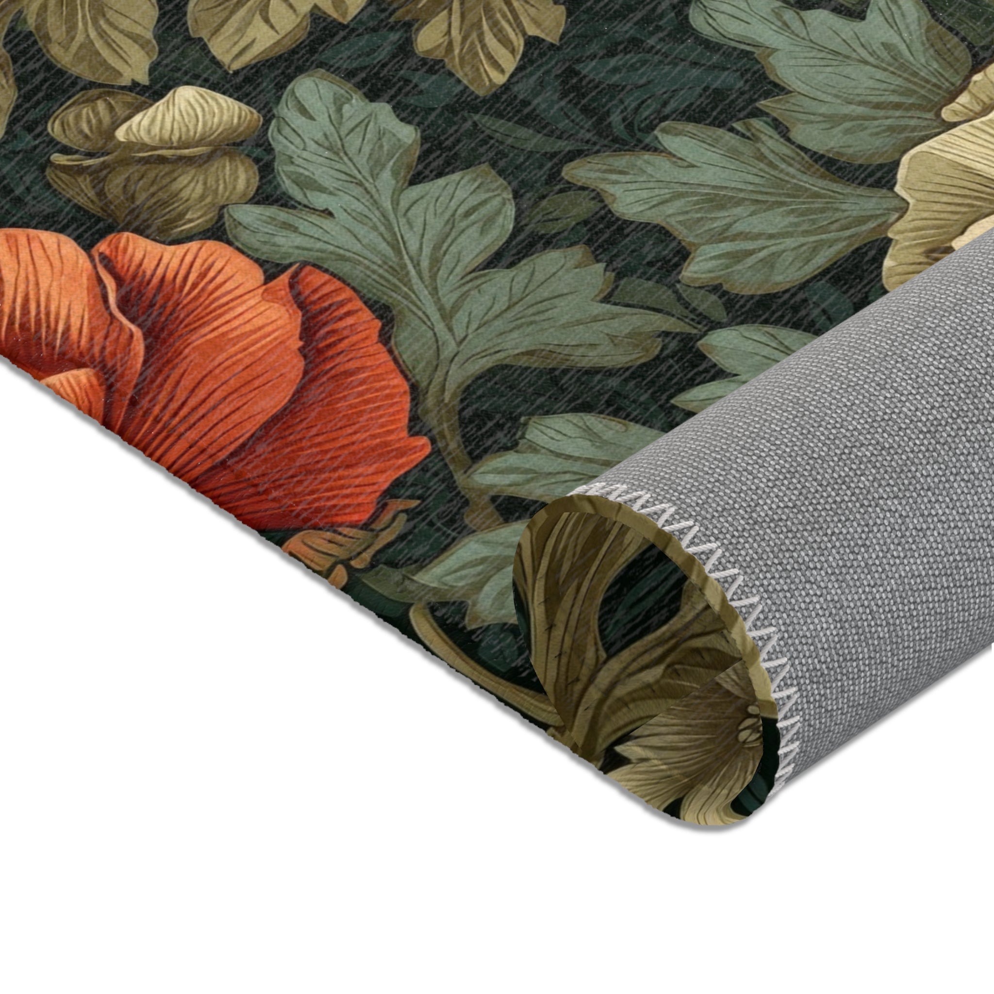 William Morris Botanical Poppy Area Rug | Coral Orange, Teal Green Arts & Crafts
