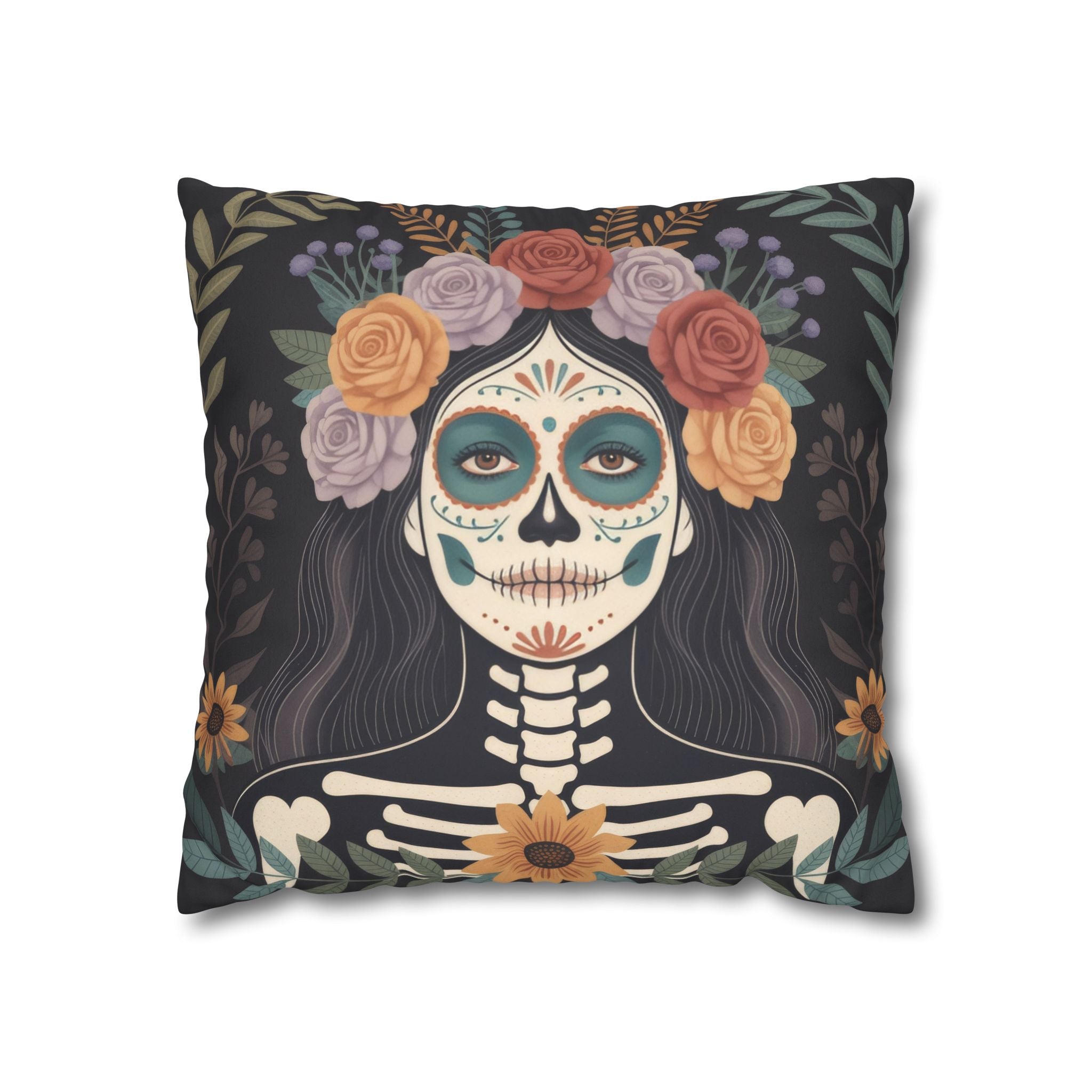 La Catrina Faux Suede Pillow Cover, Colorful Day of the Dead Floral Skull Decor