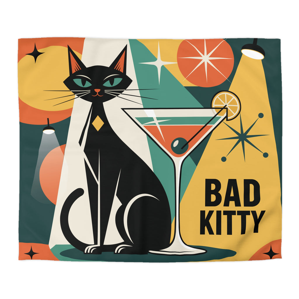Atomic Black Cat Duvet Cover | Mid Century Modern Geometric 'Bad Kitty Lounge'