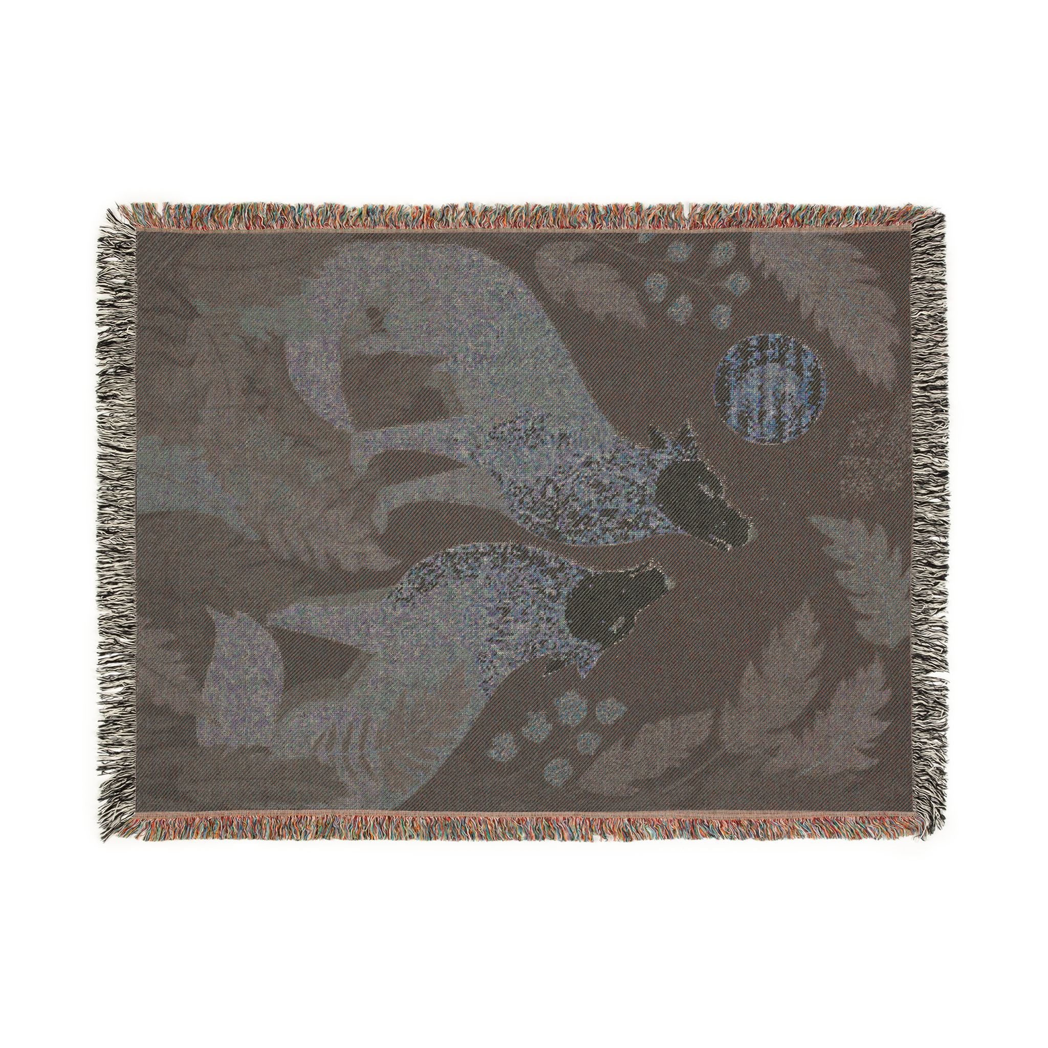 Woven Wolves Moon scene blanket | Tapestry-style woodland heirloom throw