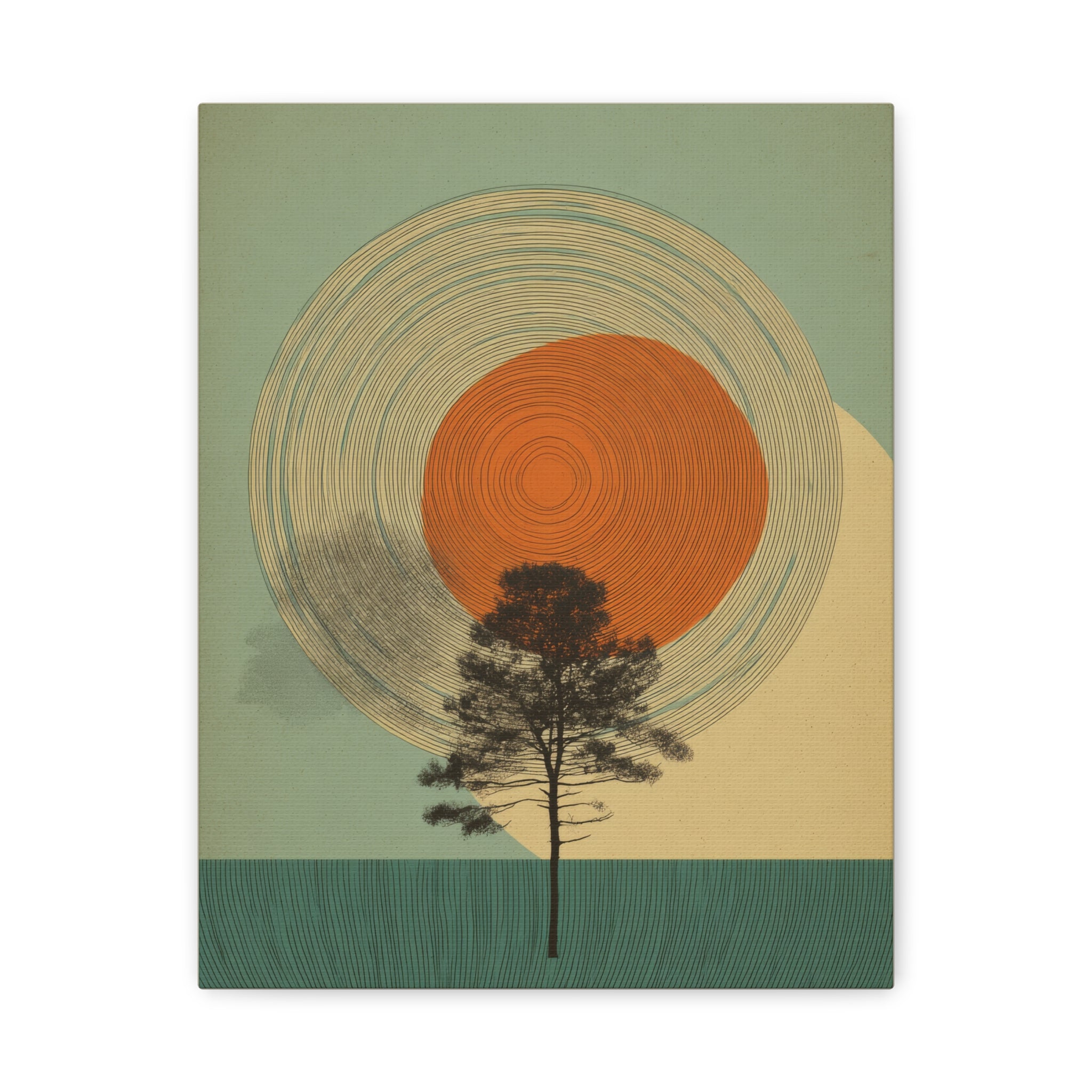 Tree Ring Wall Art | Mid Century Wall Art | Abstract Canvas Of Sun And Tree Nature Landscape