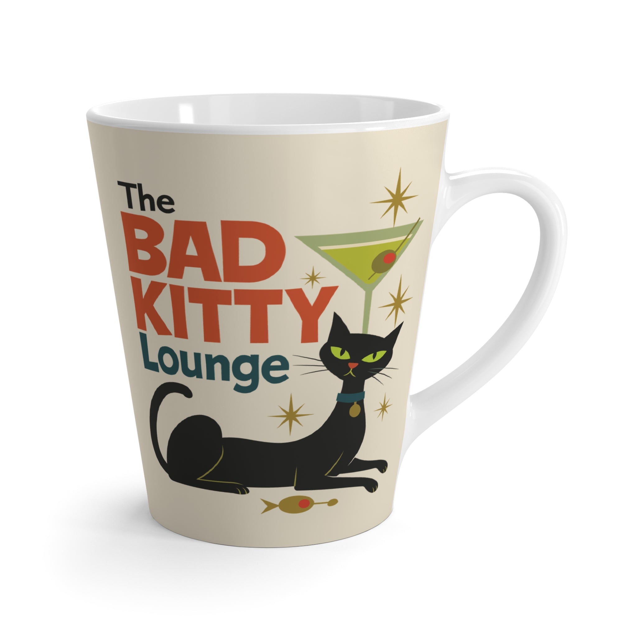 Retro Black Cat Coffee Mug | Bad Kitty Lounge | Martini Glass Mid Century Modern Cat Lover Cup 12oz Latte Mug Atomic Era Gift