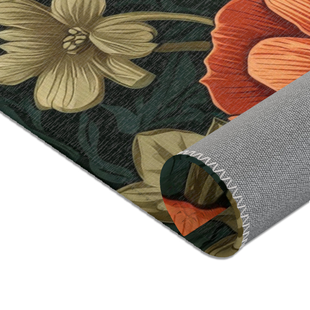 William Morris Botanical Poppy Area Rug | Coral Orange, Teal Green Arts & Crafts