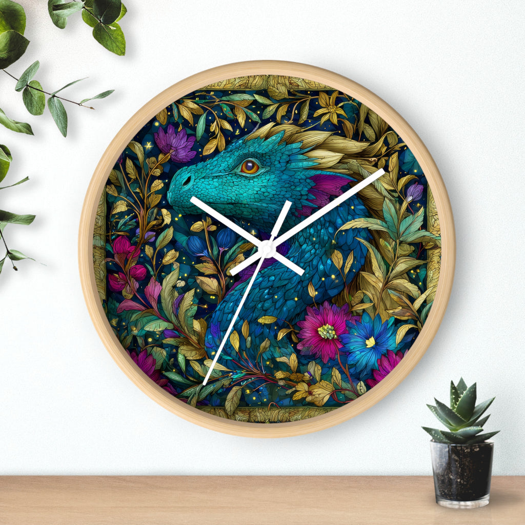 Stained-Glass Dragon Night Garden Wall Clock | Ornate Jewel-Tone Botanical
