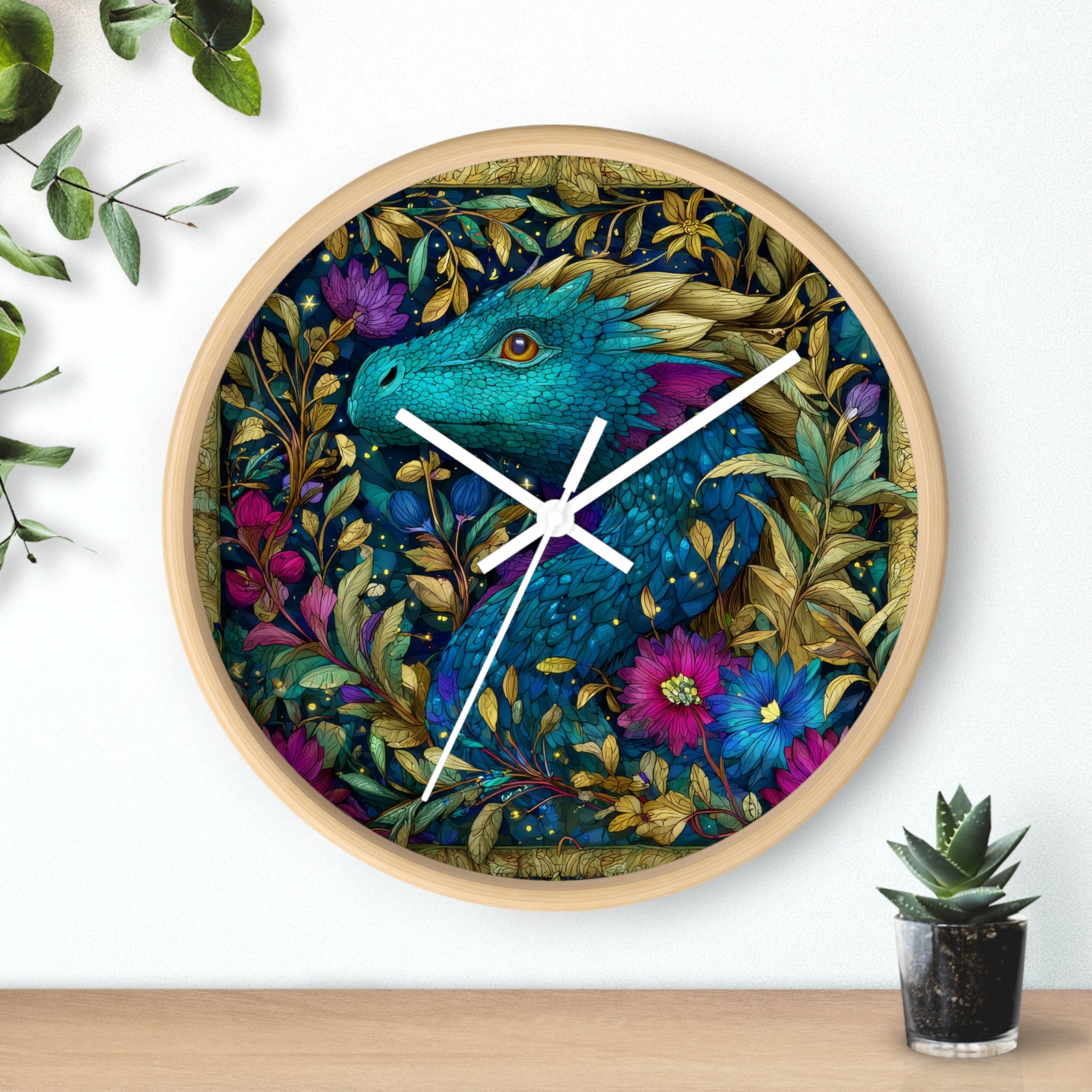 Stained-Glass Dragon Night Garden Wall Clock | Ornate Jewel-Tone Botanical