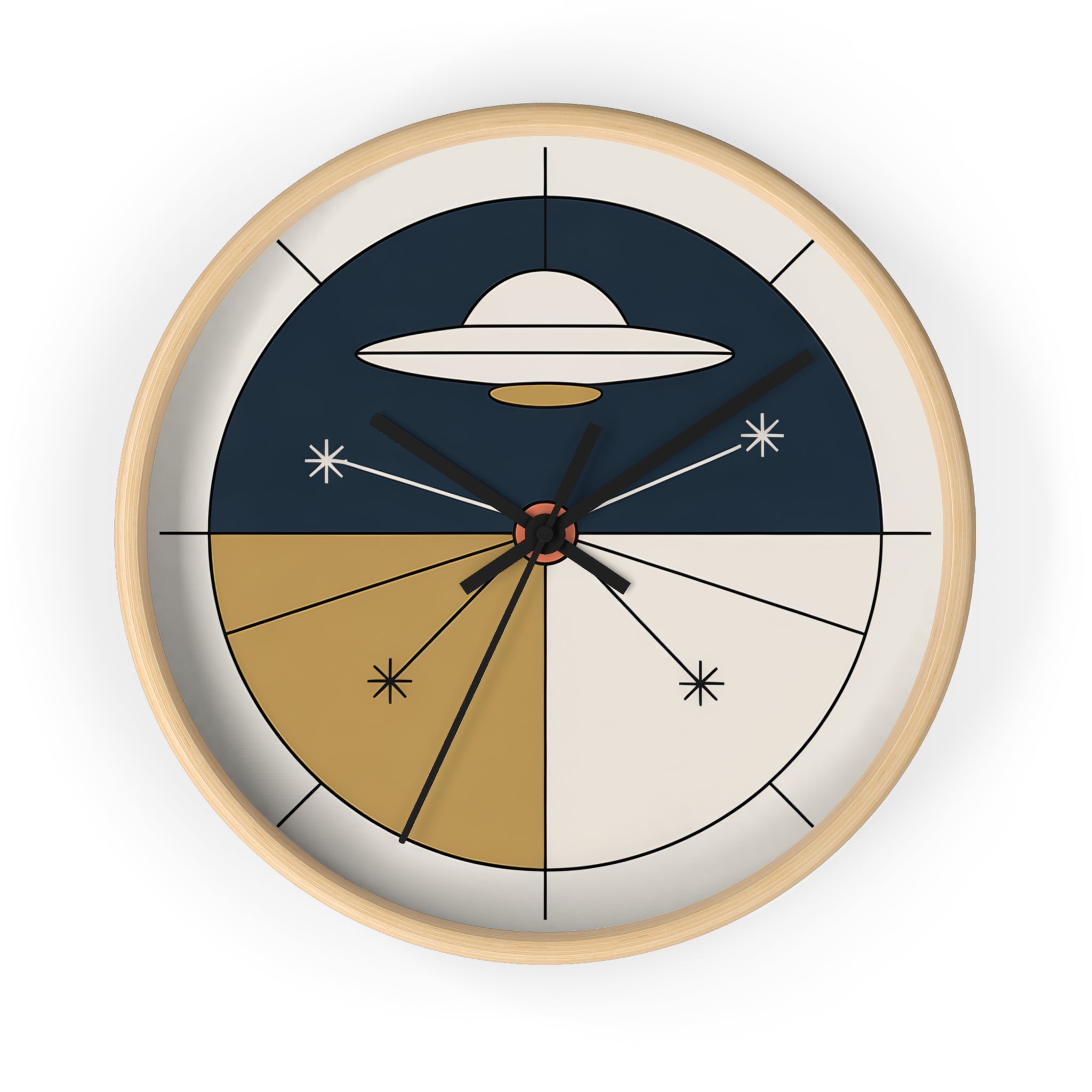Mid Century Modern Clock, Geometric UFO Wall Clock, Atomic Constellation Design, Minimal Space Age Decor, Navy Cream Brass Clock