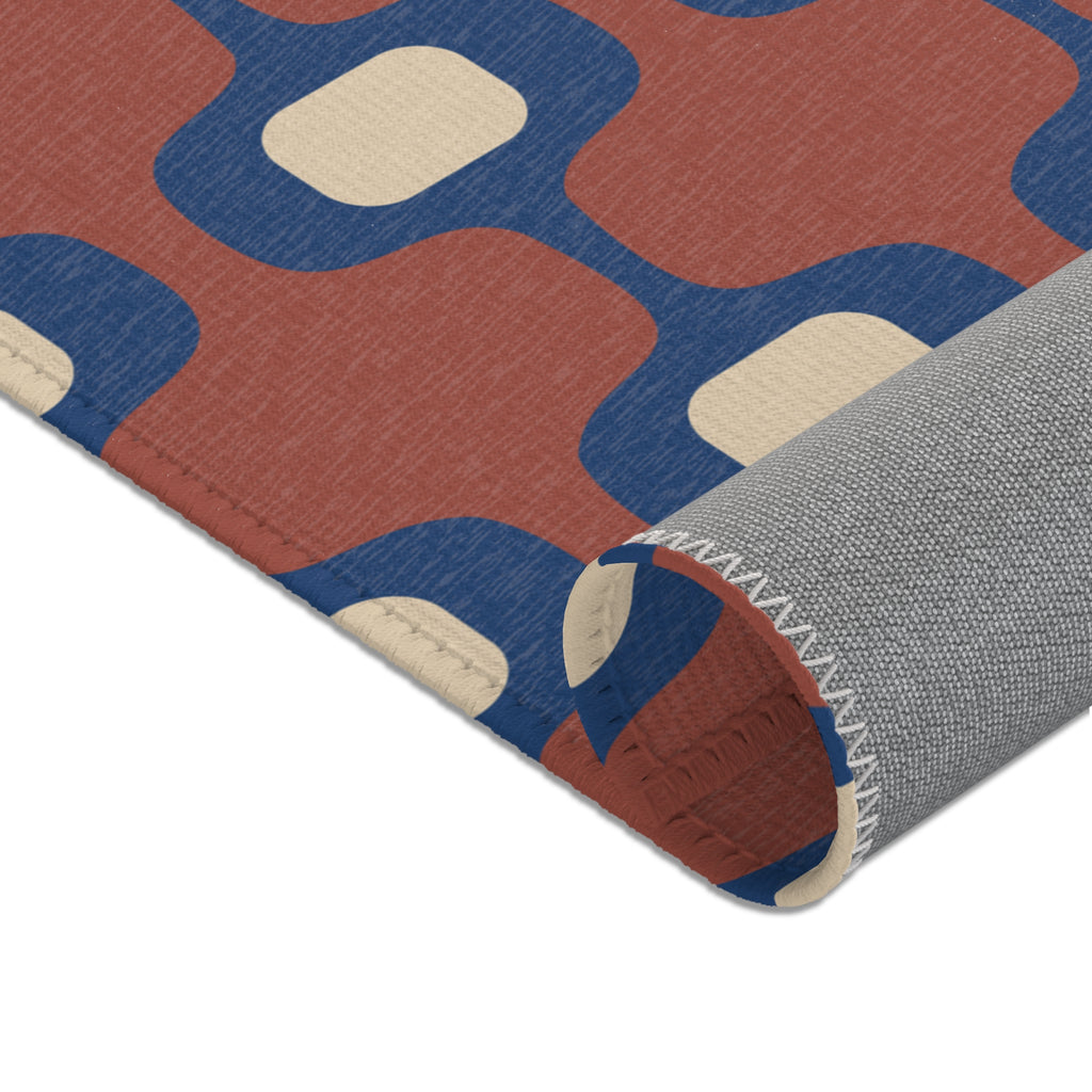 Mid-Century Geometric Area Rug | Retro Hourglass Pattern in Blue Terracotta Cream