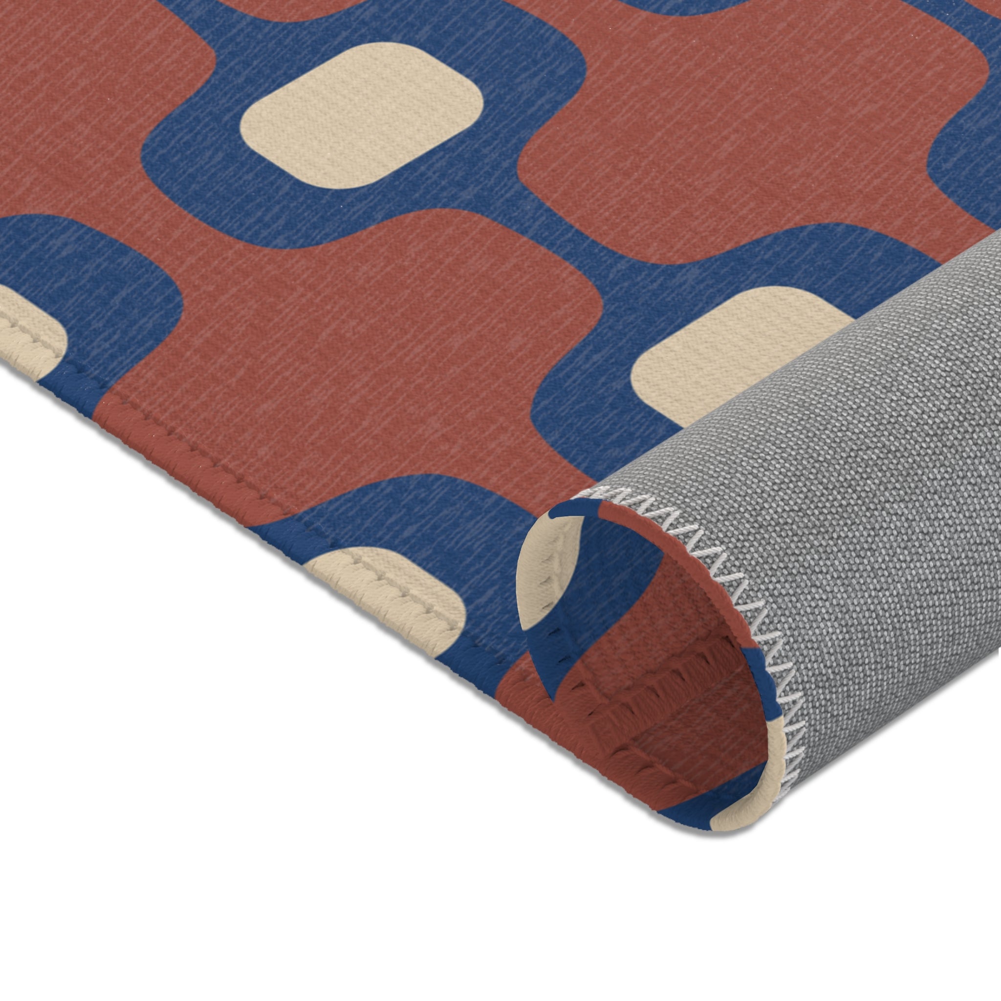 Mid-Century Geometric Area Rug | Retro Hourglass Pattern in Blue Terracotta Cream