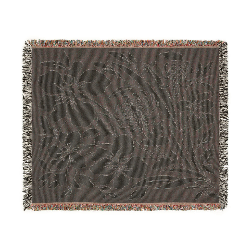 Neutral Japanese-Inspired Midnight Botanicals Floral Pattern Woven Blanket | Botanical Throw, Fringe Edge