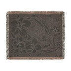 Neutral Japanese-Inspired Midnight Botanicals Floral Pattern Woven Blanket | Botanical Throw, Fringe Edge