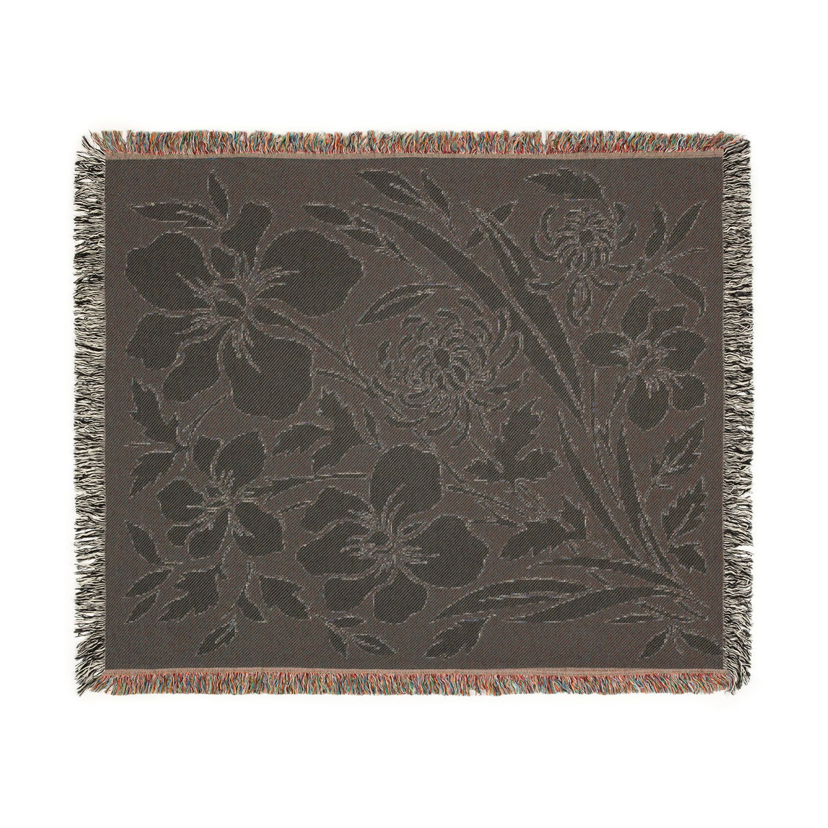 Neutral Japanese-Inspired Midnight Botanicals Floral Pattern Woven Blanket | Botanical Throw, Fringe Edge