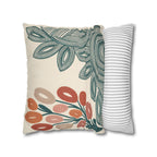 Mid Century Coral Teal Botanical Faux Suede Pillow Case | Modern Floral Decorative Accent
