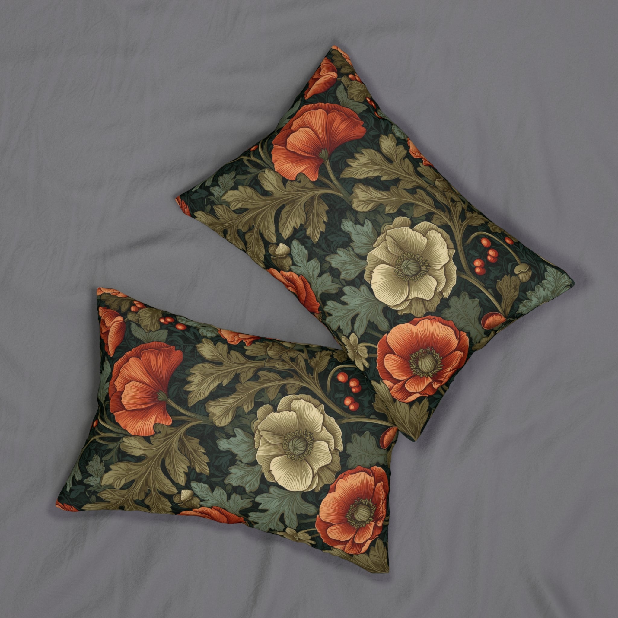 William Morris Poppy Garden Lumbar Pillow | Botanical Floral Pattern