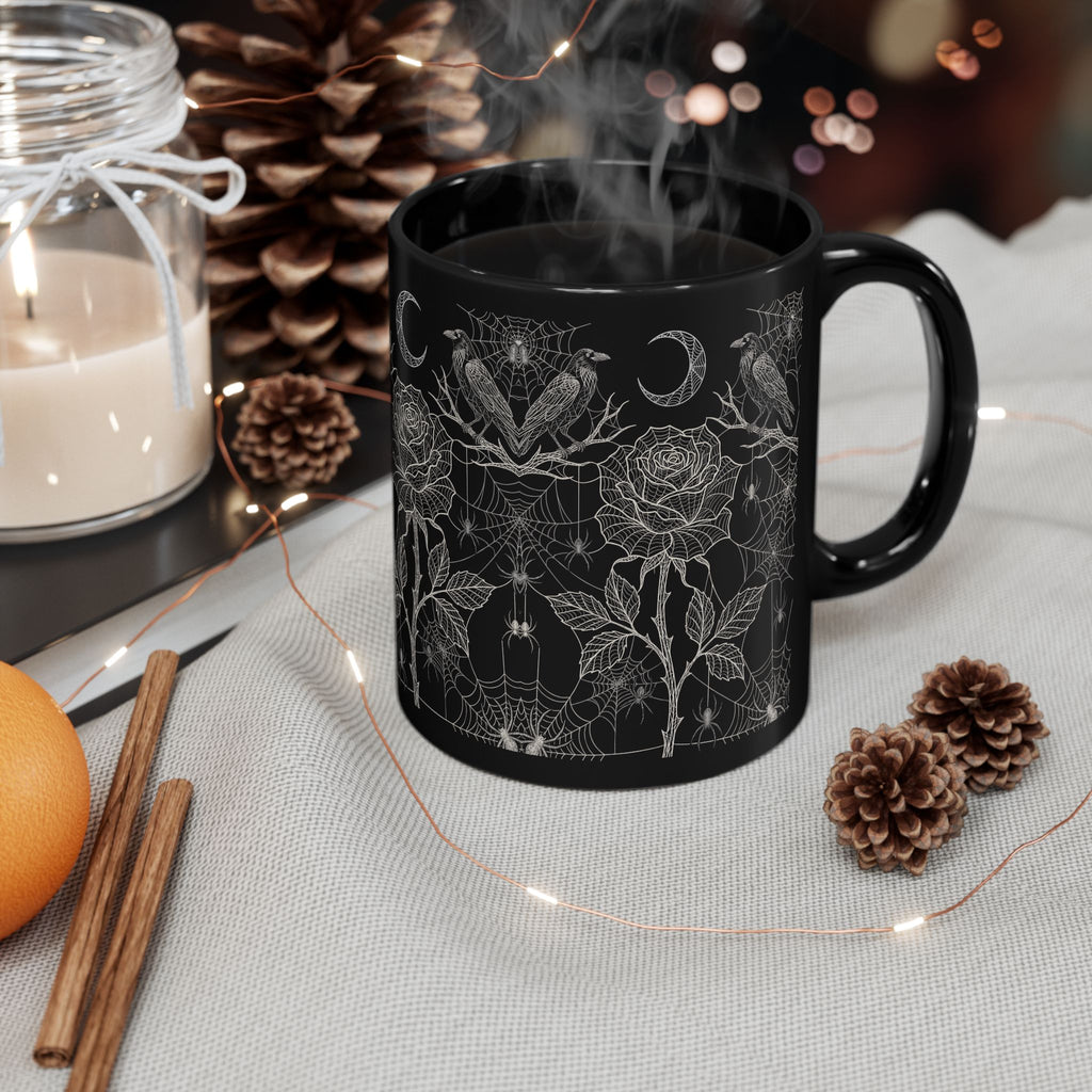 Black gothic mug with Victorian roses, crows, and crescent moon artwork