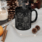 Black gothic mug with Victorian roses, crows, and crescent moon artwork