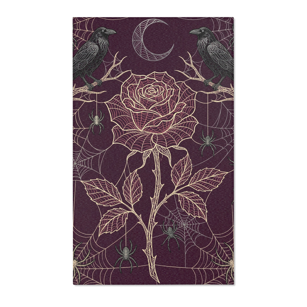 Spider Web Rose Gothic Area Rug | Raven Crescent Moon, Dark Academia Decor