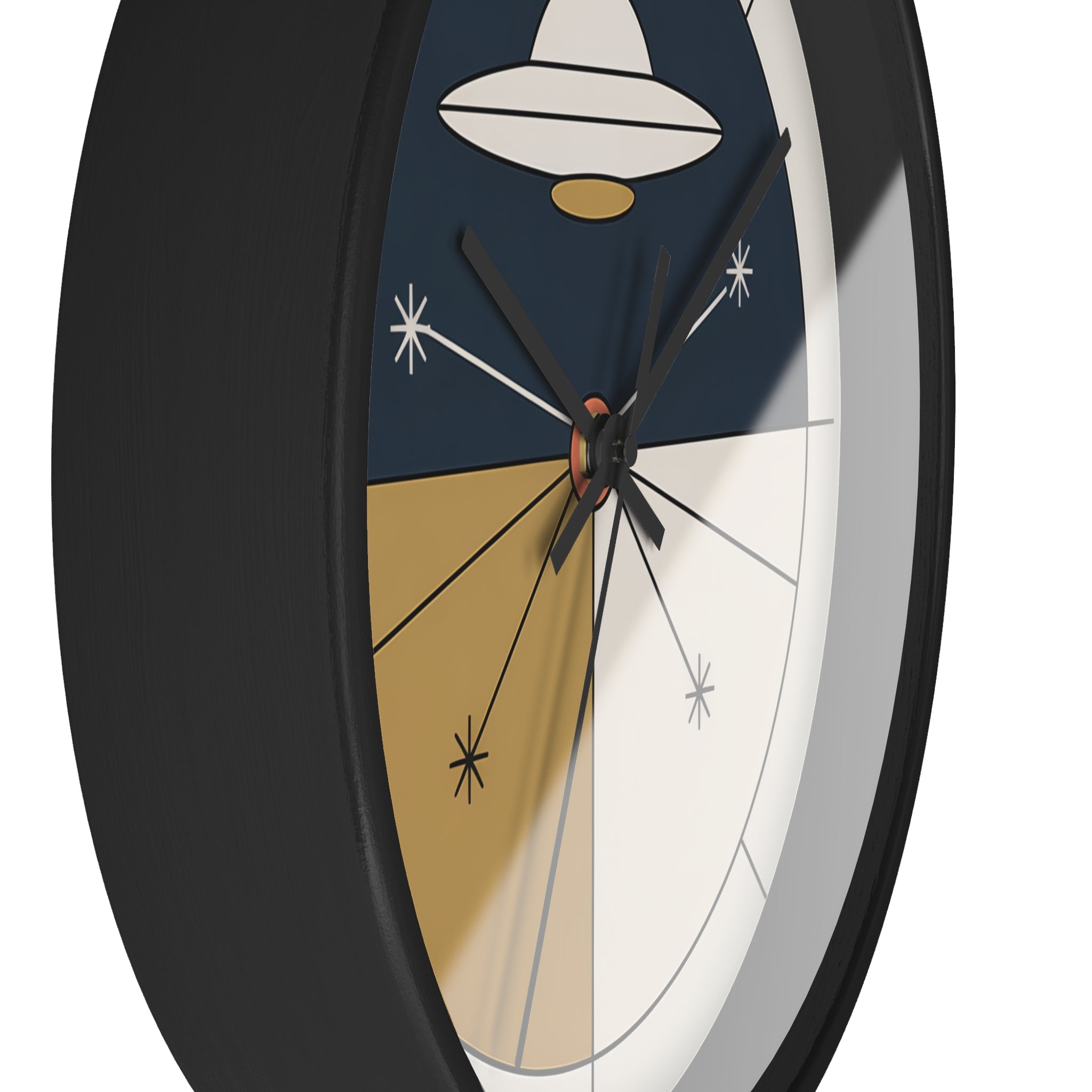 Mid Century Modern Clock, Geometric UFO Wall Clock, Atomic Constellation Design, Minimal Space Age Decor, Navy Cream Brass Clock