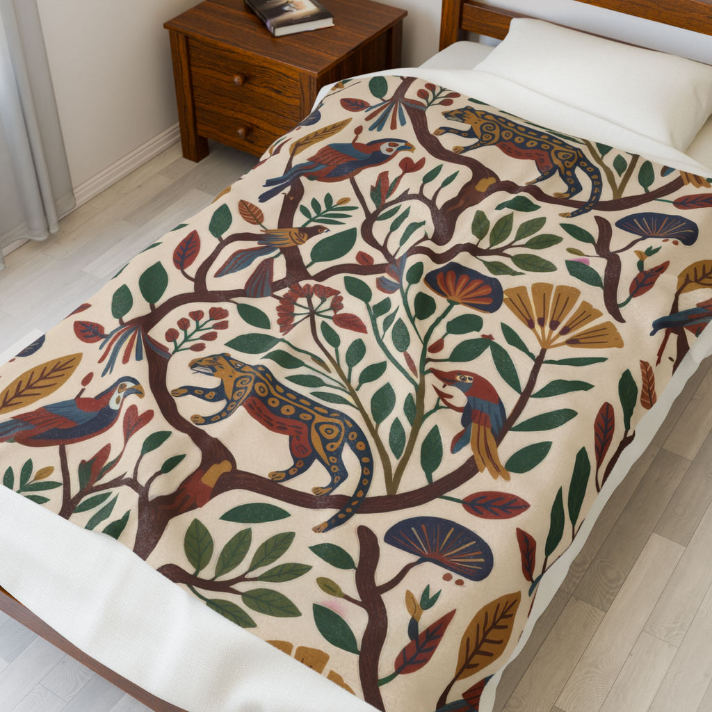 Tropical jaguar and parrot blanket displayed across a bed