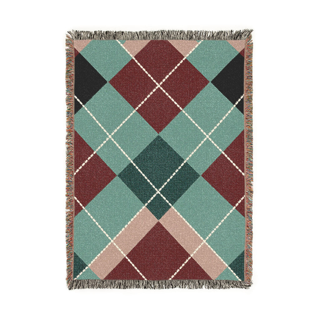 Teal Burgundy Argyle Woven Blanket | Geometric Plaid Throw