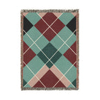 Teal Burgundy Argyle Woven Blanket | Geometric Plaid Throw