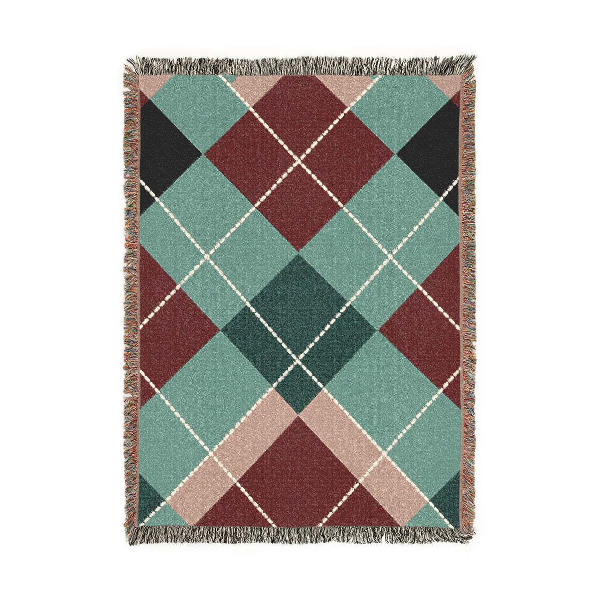 Teal Burgundy Argyle Woven Blanket | Geometric Plaid Throw