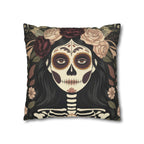 Gothic La Catrina Throw Pillow | Faux Suede Sugar Skull Cushion Cover, Dark Boho Decor