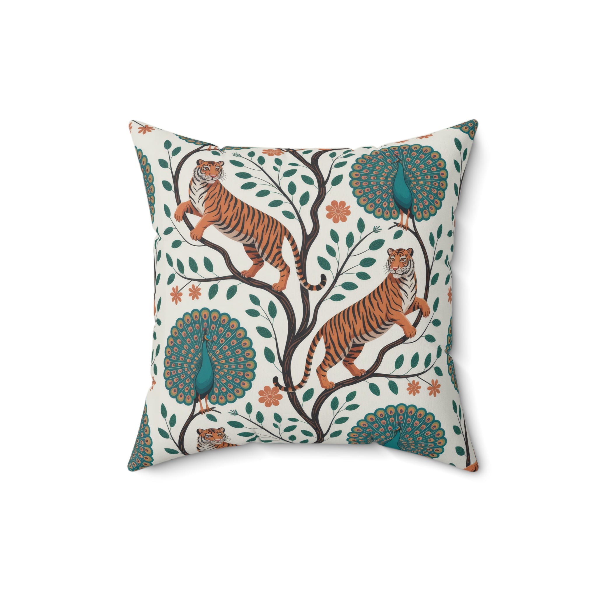 Tiger and Peacock Pillow Featuring a Decorative Botanical Animal Design