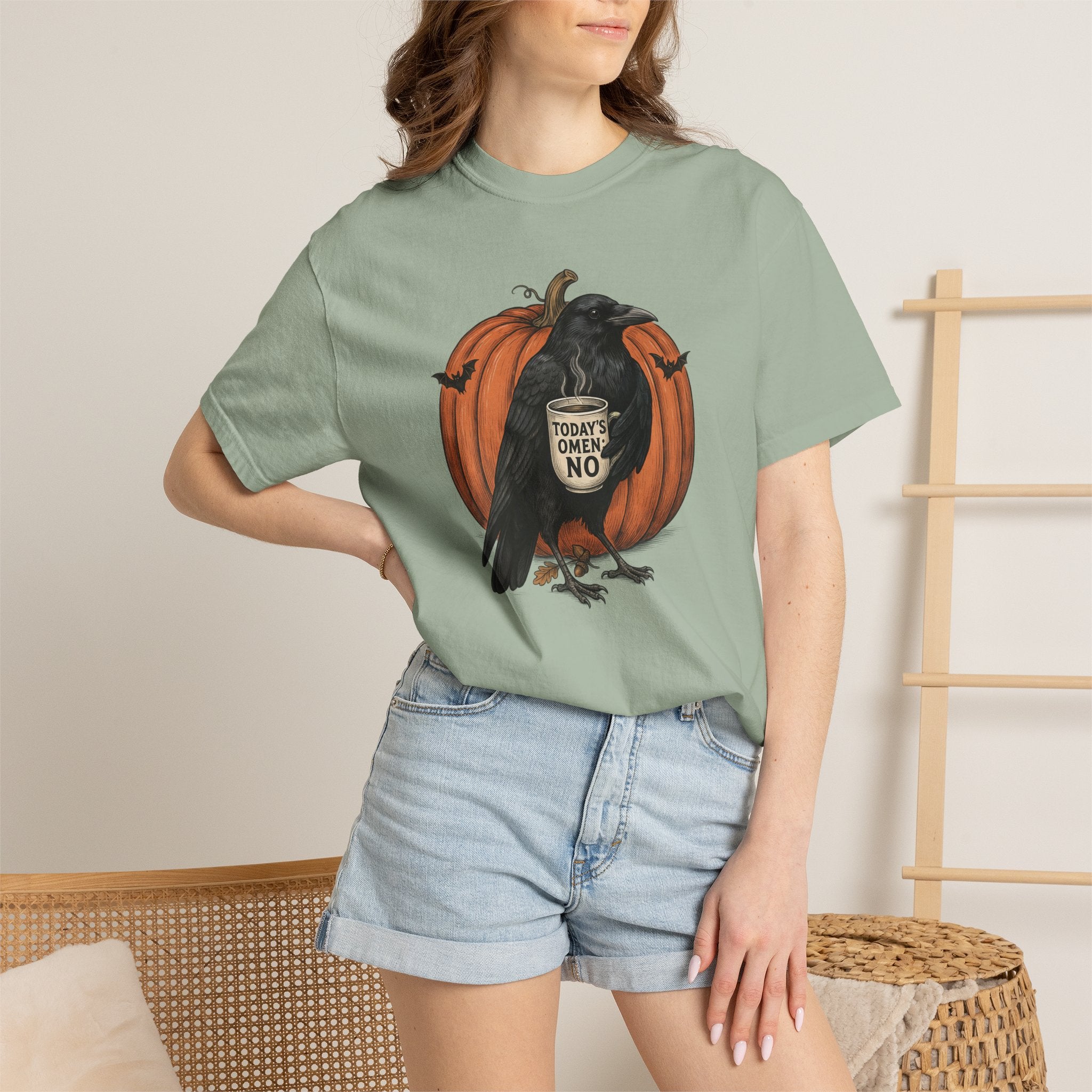 Crow with Coffee 'Today? Omen NO' Pumpkin T-Shirt | Halloween Raven Tee
