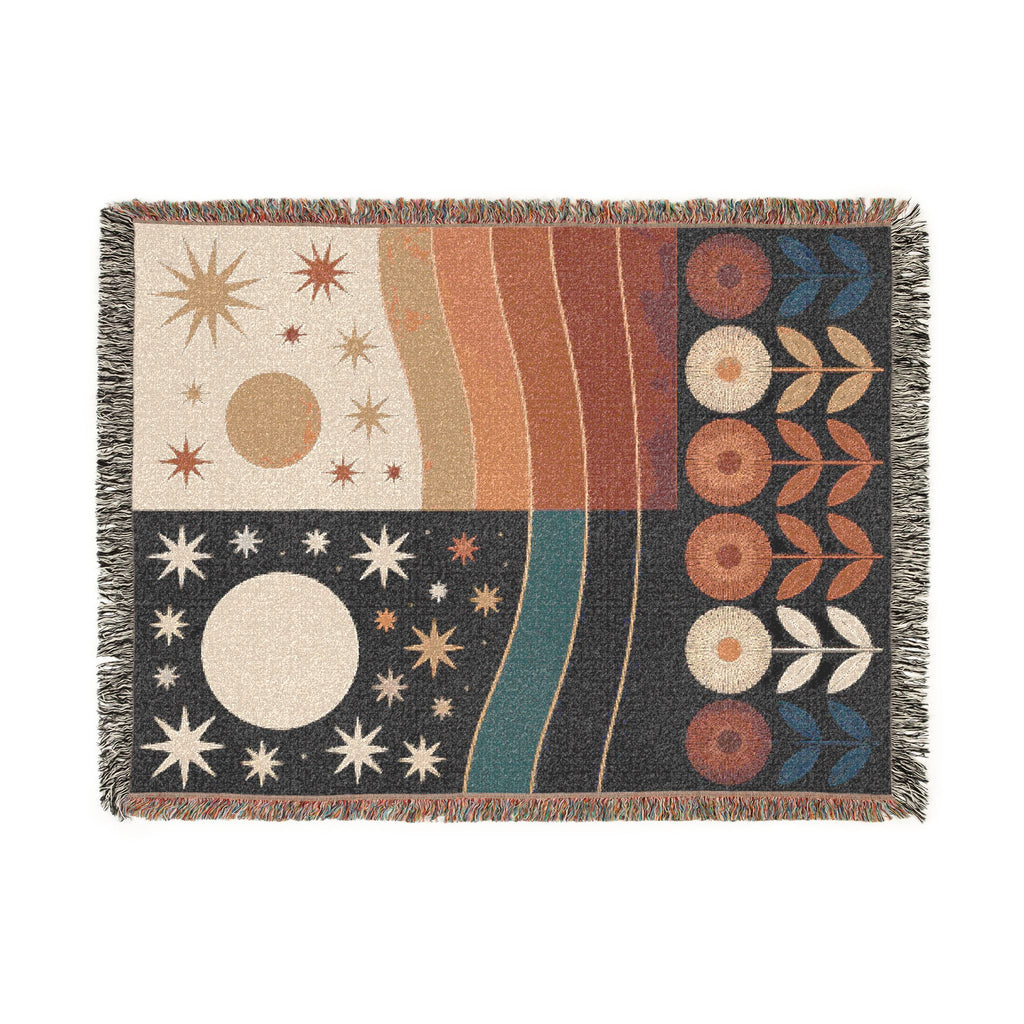Celestial Sun & Moon Woven Blanket | Retro Desert Stars Mid-Century Boho