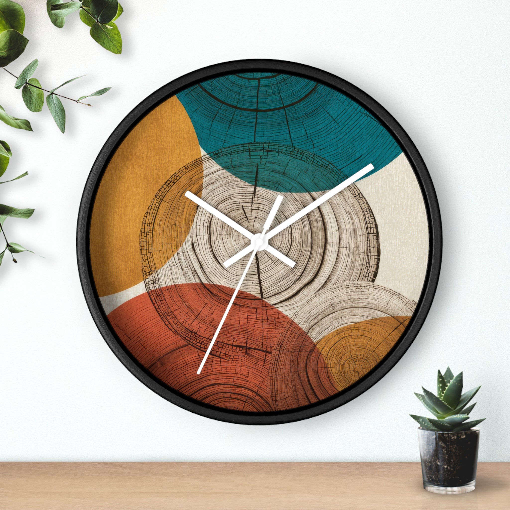 Mid Century Modern Clock | Abstract Tree Ring Wall Art, Atomic Geometric Woodgrain Circles in Teal, Ochre + Rust
