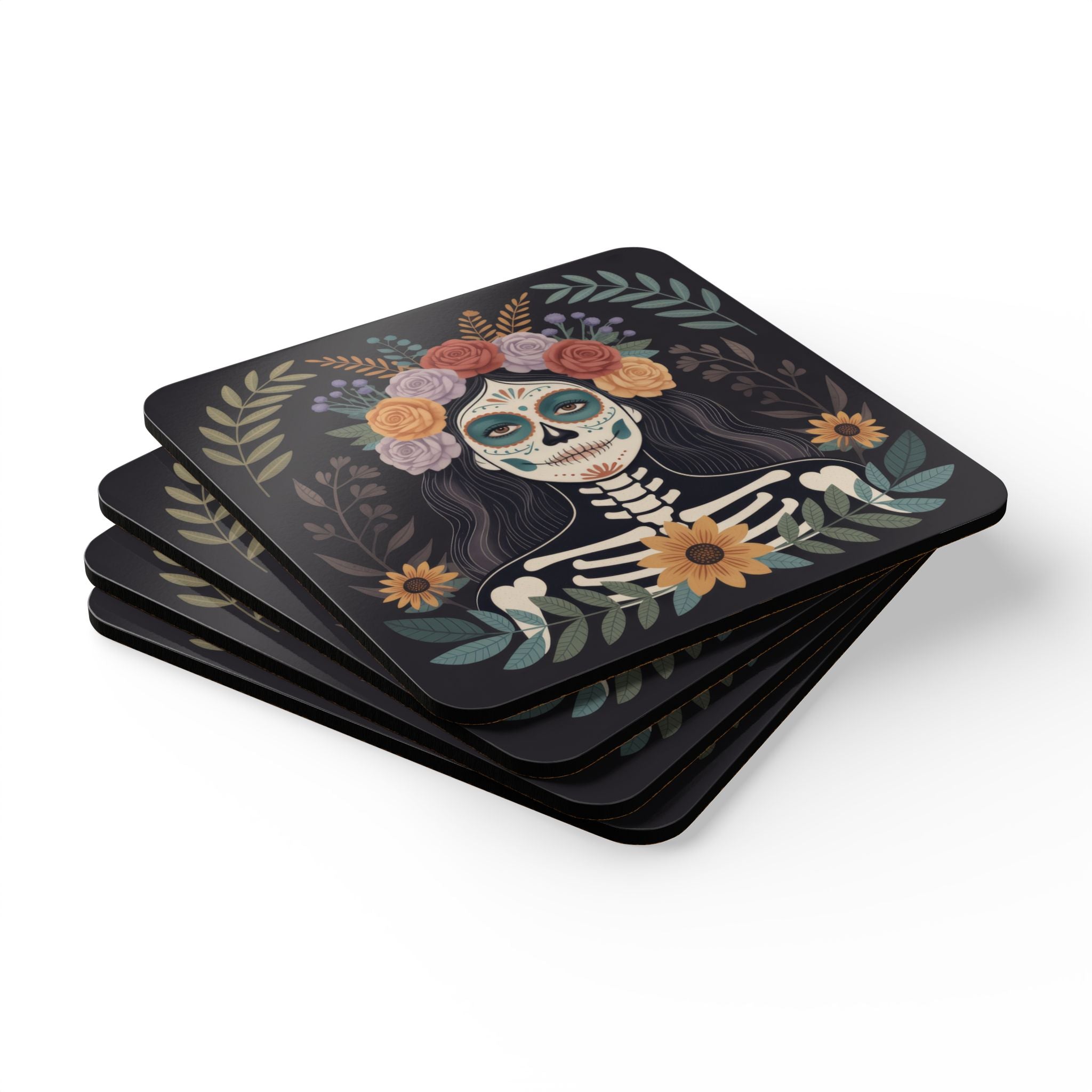 La Catrina Cork Coasters, Day of the Dead Floral Skull Drink Coaster Set