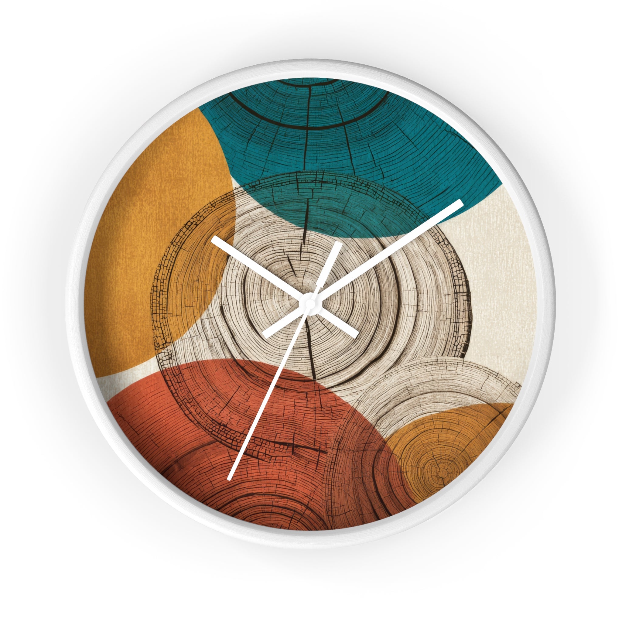 Mid Century Modern Clock | Abstract Tree Ring Wall Art, Atomic Geometric Woodgrain Circles in Teal, Ochre + Rust
