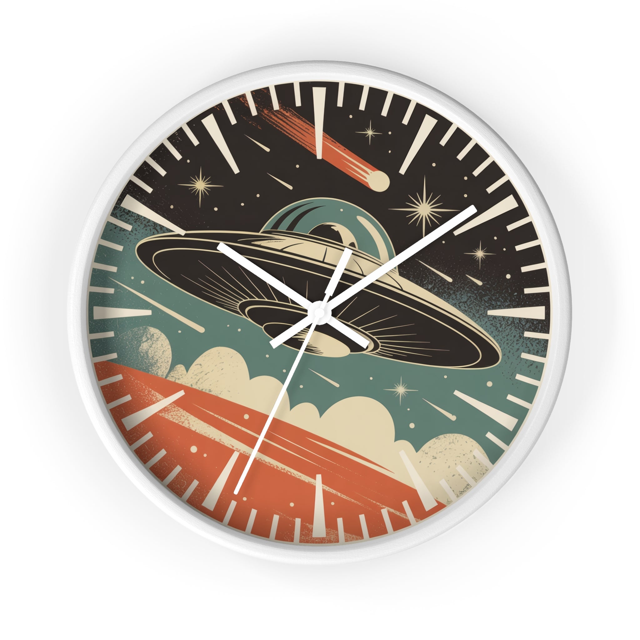 Mid Century Modern Clock, Vintage UFO Wall Clock, Retro Sci Fi Space Decor, 1950s Pulp Magazine Style, Flying Saucer Starburst Clock